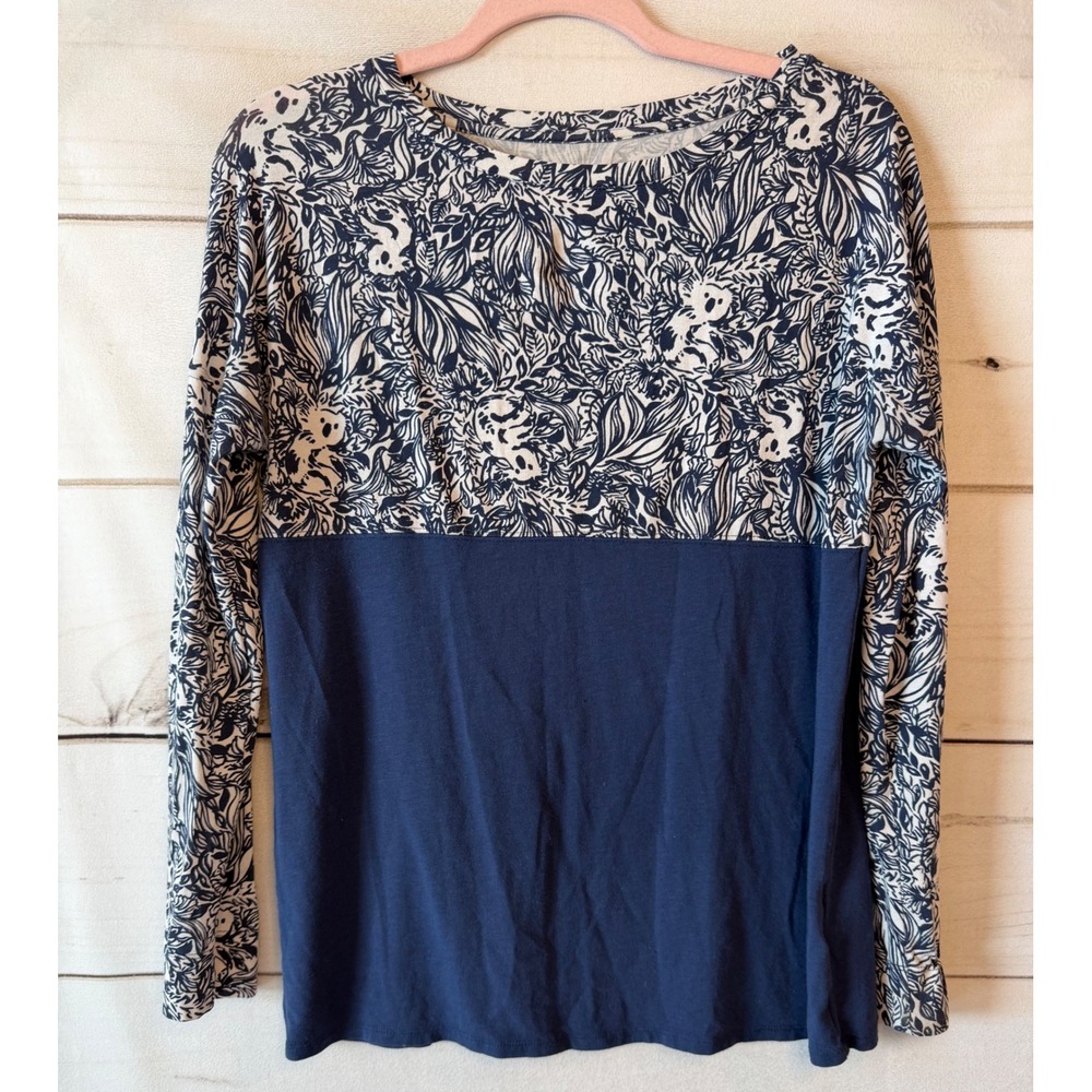 Lilly Pulitzer Womens XS Navy White Floral Colorblock Pima Cotton Modal Top